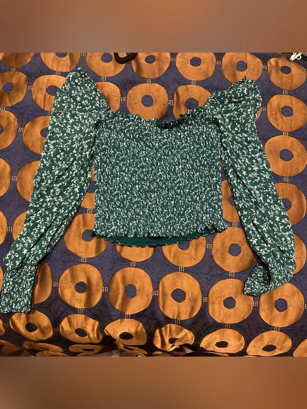 Reformation Emerald Green Smocked Long Sleeve Top
